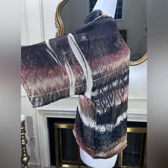 Reba Sheer Embellished Batwing Sleeve Blouse Tunic Top L Made in USA Boho Tribal - Picture 7 of 10